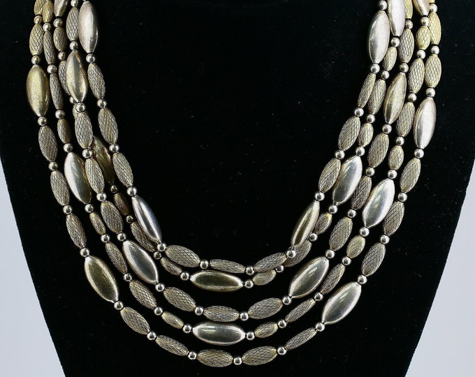 Vintage Beautiful Five Rows Two Tone Oval Marquise Beads Beaded Design Necklace 925 Sterling NC 1857