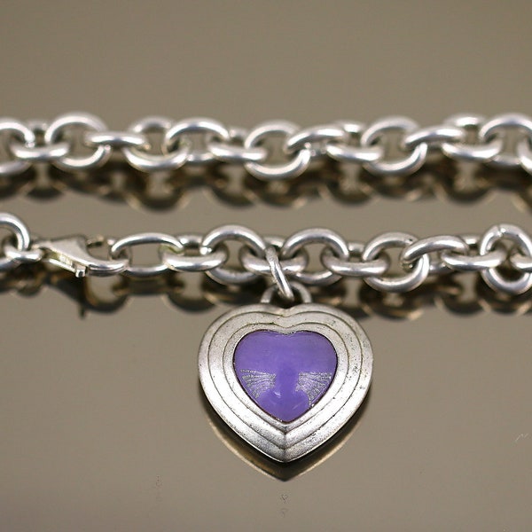 Vintage Thailand Simple Thick Rolo Purple Quartz Heart Pendant Design Link Chain Bracelet 925 Sterling Silver BR 3812