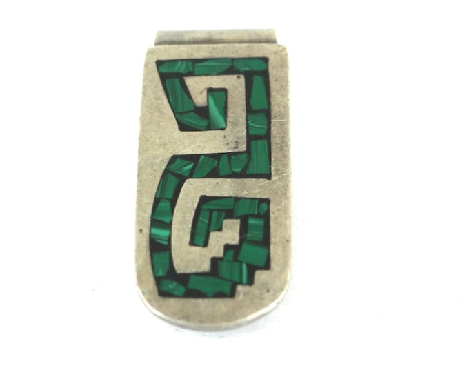 Vintage Mexico Inlaid Malachite  Money Clip Holder 925 Sterling Silver OT 089