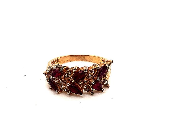 Vintage Ring | Gold Plate Ring | Red Stones Ring | Floral Design Ring | Elegant Ring | Sterling 925 Silver Ring | Size 7.9 RG 4370s