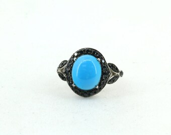 Vintage Size 7 1/4 Turquoise & Black Spinel  Ring 925 Sterling Silver RG 1360