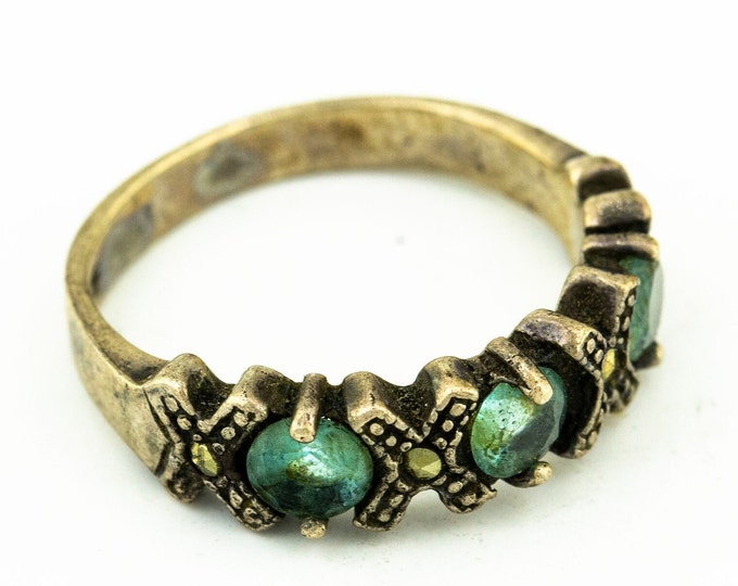Size 5.25 Aquamarine Color Three CZ Crystals and Marcasite Stones XO Design Vintage Beautiful Ring for Women 925 Sterling Silver RG 2829Q