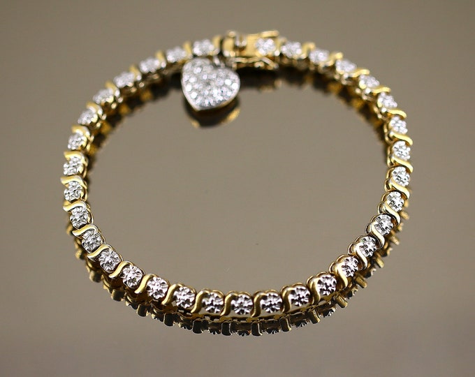 Beautiful Sparkling Two Tone Gold Plated Tennis Link Design Bracelet 925 Sterling BR 3799