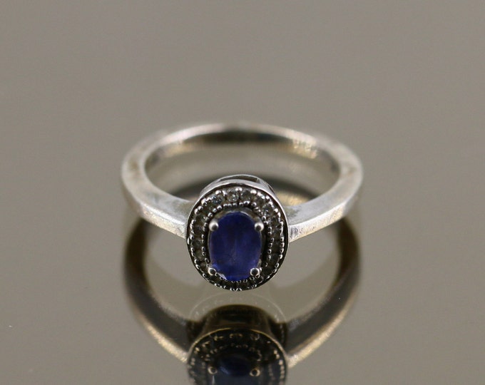 Vintage Size 5 Shiny Oval Purple Blue Sapphire Crystal White Real Diamonds Design Ring 925 Sterling Silver Rg 2174D