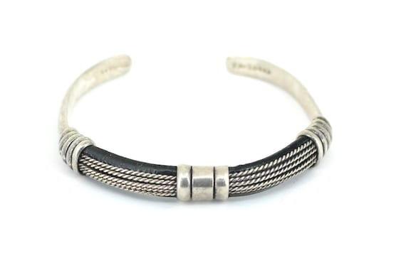 Vintage Mexico Leather Wrap Narrow Design Cuff Bracelet 925
