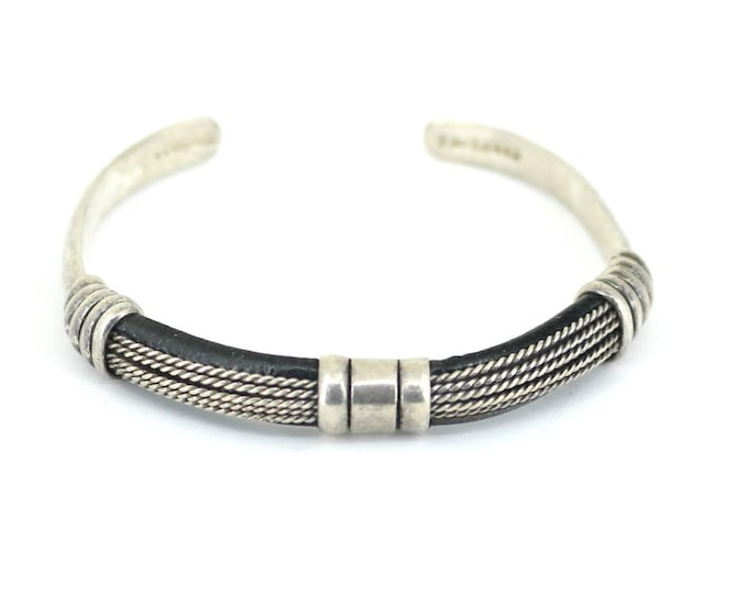 Vintage Mexico Leather Wrap Narrow Design Cuff Bracelet 925 Sterling Silver BR 1466