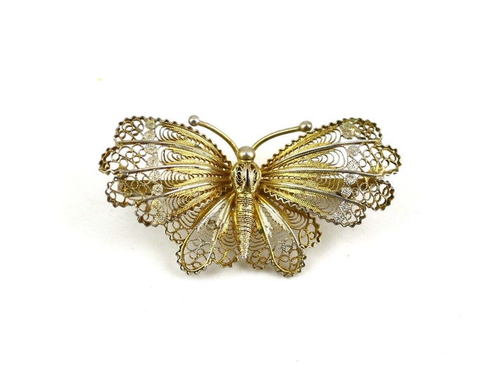 Vintage Beautiful Filigree Butterfly Tender Dainty Yellow Tone Design Brooch Silver 800 BB 1889A