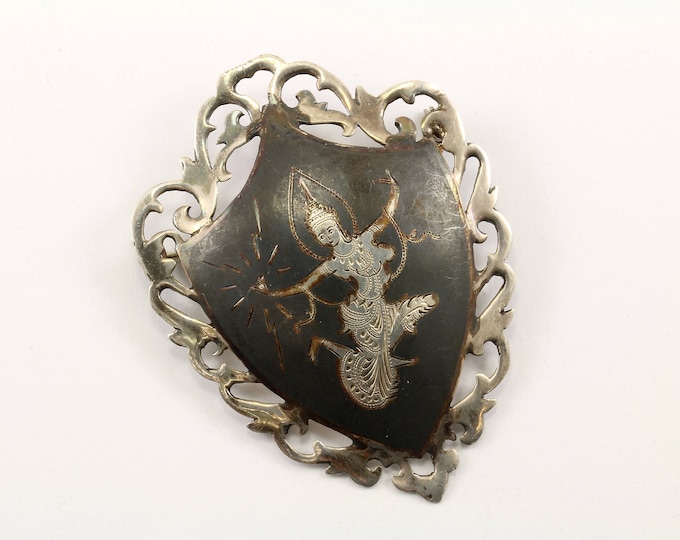 Vintage Siam Niello Dancer Scroll Design Pin/Brooch 925 Sterling BB 887