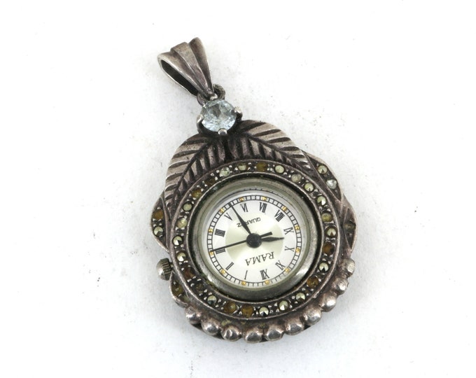 Vintage Marcasite Leaves Pendant With Time Piece 925 Sterling Silver PD 200