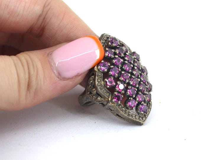 Vintage India NB Purple Tourmaline Crystal CZ Design Ring 925 Sterling Size 8 RG 68