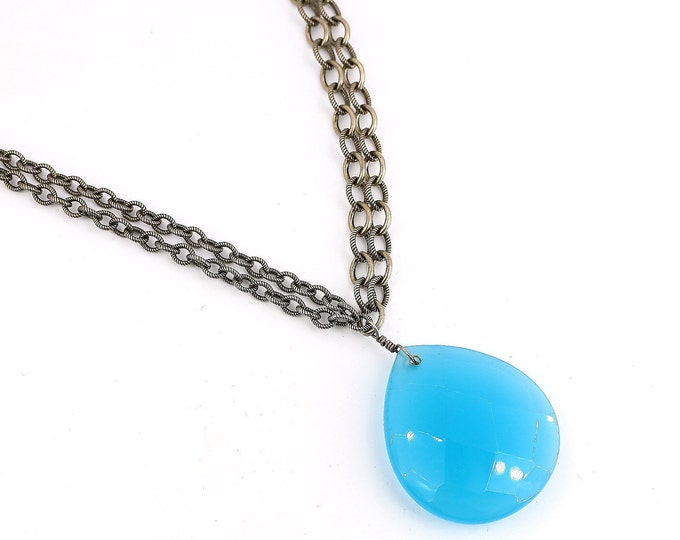 Vintage 16 Inch Large Faceted Aqua Blue Chalcedony Design Chain Necklace 925 Sterling Silver NC 1063