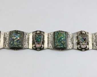 Vintage Antique Handmade Beaded Scrolls Abalone Shell Bar Design Link Chain Bracelet 925 Sterling Silver BR 860G