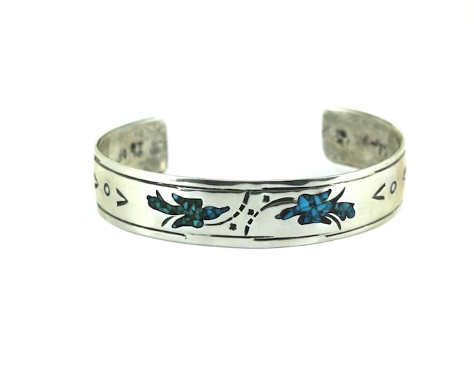 Vintage Native American Turquoise Inlay Cuff Bracelet Sterling Silver BR 154