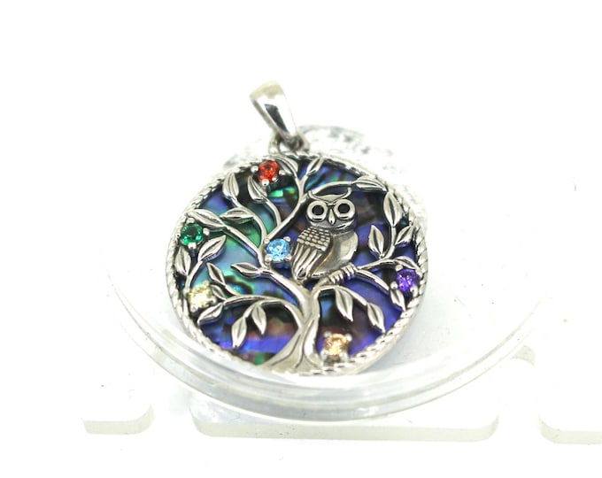 Vintage Tree of Life Owl Abalone Shell Design Round Pendant 925 Sterling PD 2415
