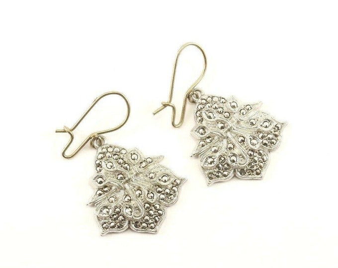 Vintage Flower Marcasite Design Dangle Earrings 925 Sterling Silver Er 821