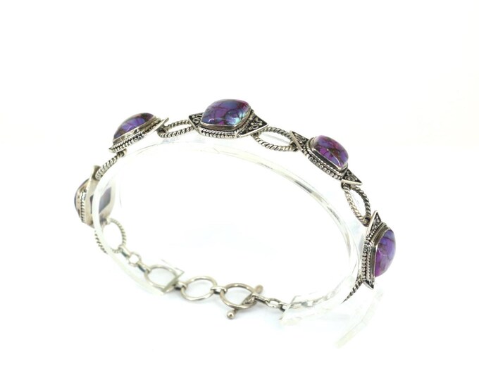 Vintage Purple Stone Link Design Bracelet Sterling Silver 925 BR 3635