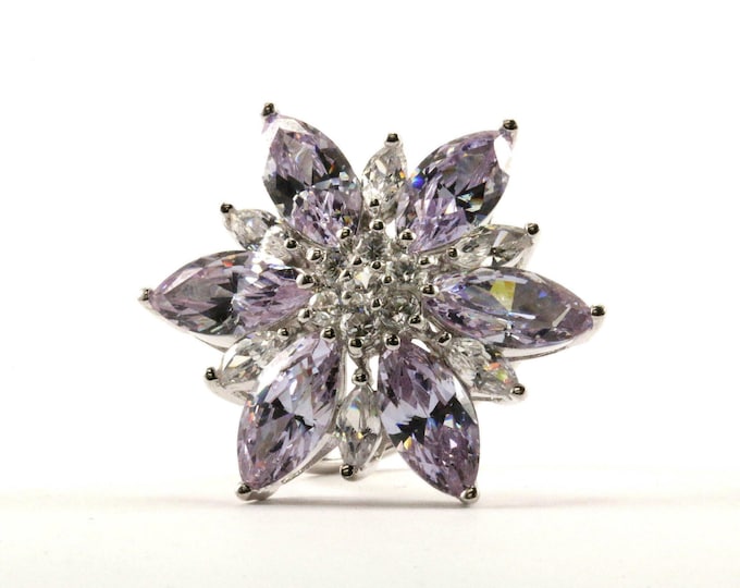 Vintage Size 7 Women's Snowflake Large Flower Design Crystal Ring 925 Sterling Silver Rg 765-e