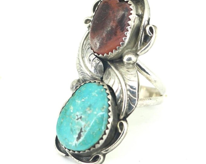 Vintage Navajo Native American Oval Turquoise & Coral Design Ring 925 Sterling Silver RG 3127