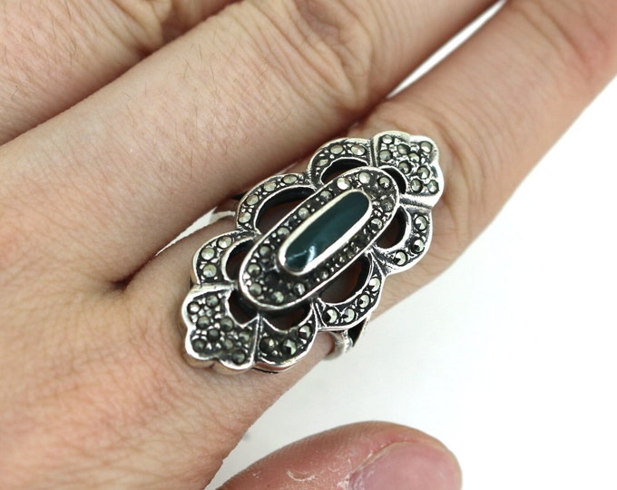 Vintage Size 4.75 Natural Green Onyx  & Marcasite Stones Design Ring 925 Sterling Silver RG 4129