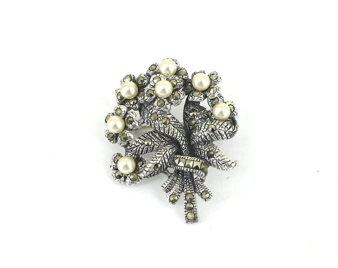 Vintage Bouquet Flower Marcasite & Pearls Imitations Inlay Pin/Brooch 925 Sterling BB 1781