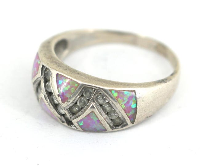 Vintage Size 11 Pink Fire Opal Crystal Zig Zag Design Ring 925 Sterling RG 4635