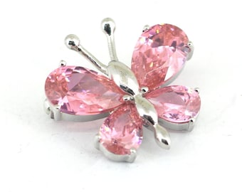 Vintage Butterfly Pink CZ Crystals Insect Brooch Sterling Silver 925 BB 2052