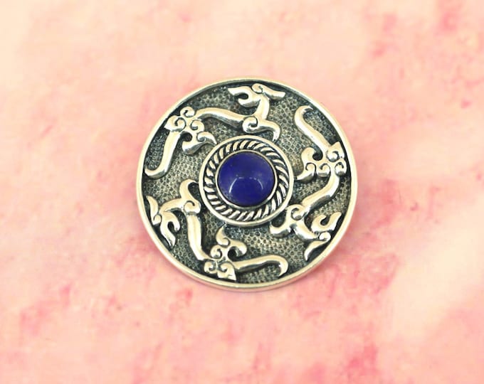 Vintage Thailand Lapis Dragons Round Pendant 925 Sterling Silver PD 1233