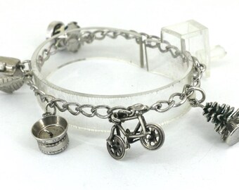 Vintage Birthday Charm Tree Piano Bicycle Rolo Chain Bracelet 925 Sterling Silver BR 3099