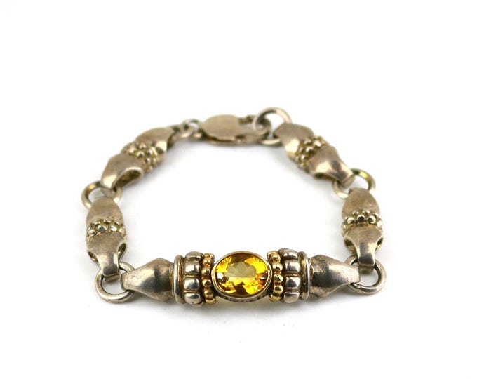 Vintage Ethnic Greek Abstract Links Yellow Citrine Crystal Chain 14K Yellow Gold Beads Beaded Design Bracelet 925 Sterling Silver BR 173A