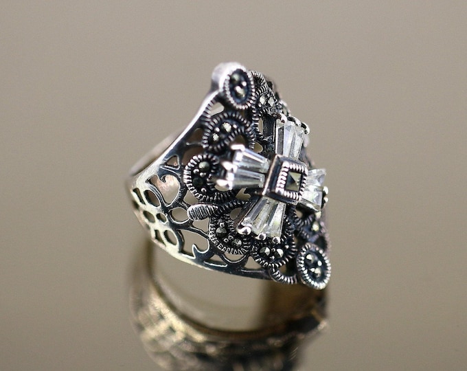 Vintage Size 7.5 Thailand Scroll Open Cut Crystals Cz Marcasite Stones Floral Design Statement Ring 925 Sterling Silver Rg 1479