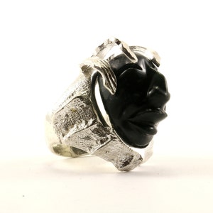 Vintage Size 6 Large Goddess God Face Black Stone Design Ring 925 Sterling Silver RG 3631