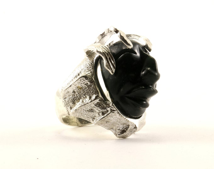 Vintage Size 6 Large Goddess God Face Black Stone Design Ring 925 Sterling Silver RG 3631