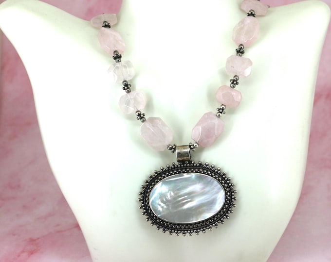 Vintage Indonesia Rose Quartz Beads Mother of Pearl Pendant Sterling Silver Necklace NC 002