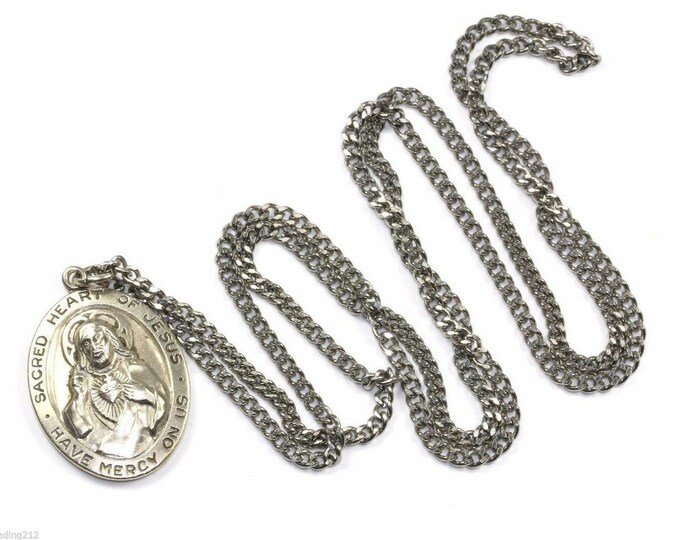 Theda Religious Sacred Heart Of Jesus Two Sides Medal Necklace 925 Silver Nc 604
