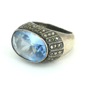 Vintage Size 6 Marcasites & Blue CZ  Dome Design Statement  Ring 925 Sterling Silver  RG 1185
