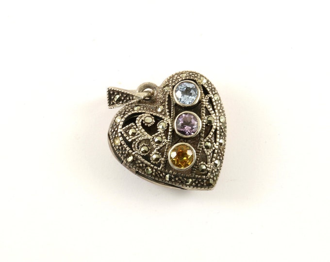 Vintage Heart Amethyst Citrine Aquamarine Marcasite Locket Design Pendant 925 Sterling Silver PD 2257