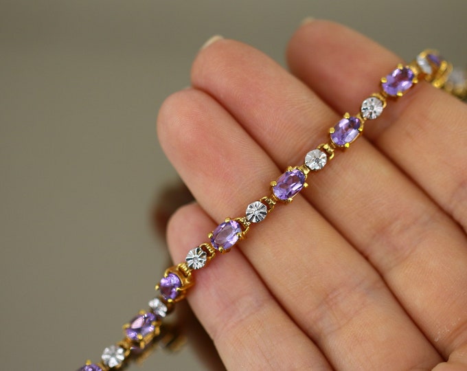 Vintage Sparkling Purple Crystals CZ Gold Tone Design Chain Tennis Bracelet 925 Sterling Silver BR 3766