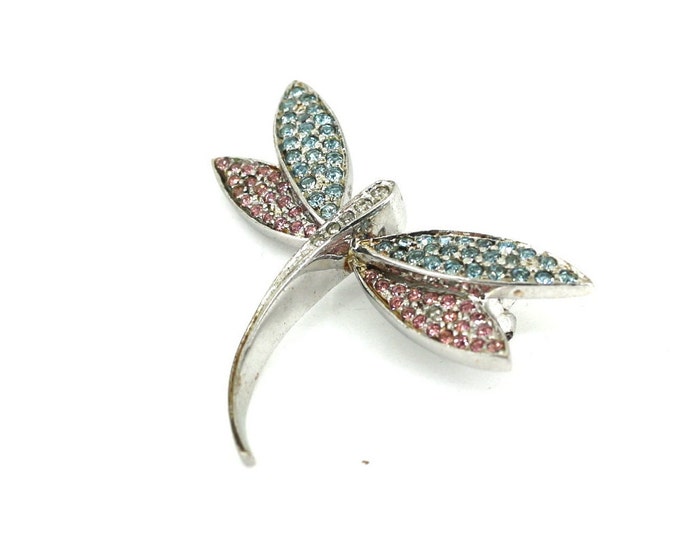 Vintage Blue & Pink CZ  Dragonfly Brooch Silver 925 Sterling BB 2213