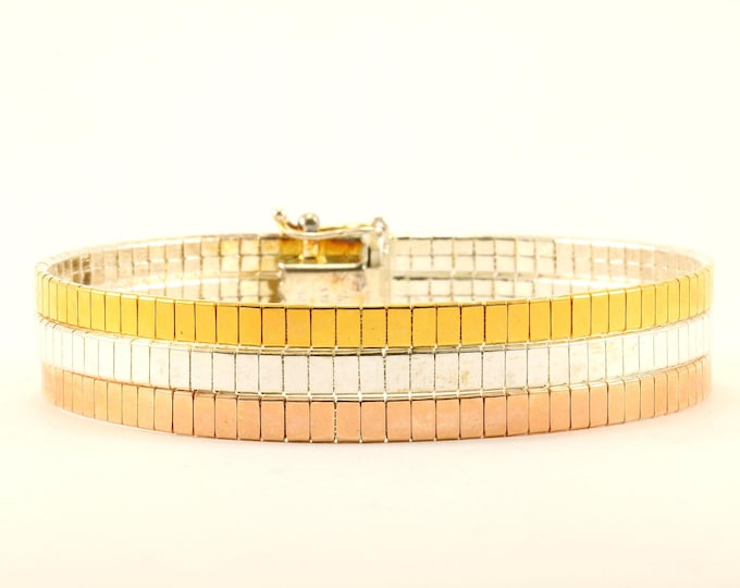 Vintage Italy Bracelet | Herringbone Design Three Tone Link Bracelet  Sterling 925 Silver Br 671