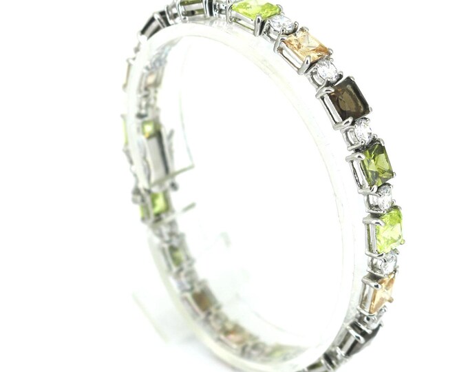Vintage Sparkling Multi-Color CZ Crystals Chain Tennis Bracelet 925 Sterling Silver BR 934