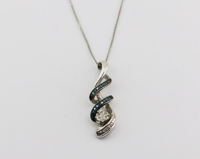 Vintage Blue and White Natural Diamonds Scroll Pendant Thin Box Chain Design Necklace 925 Sterling Silver NC 64