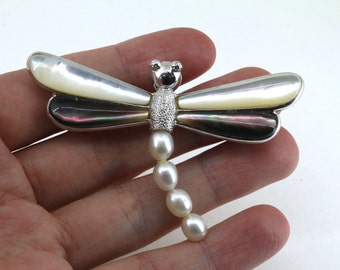 Vintage Pearl & Mother Of Pearl Dragonfly Brooch Silver 925 Sterling | BB 1674