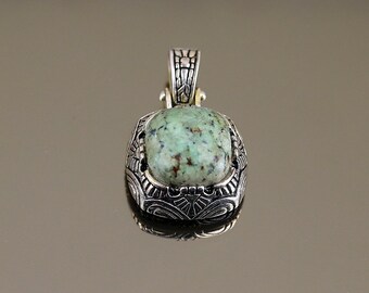 Vintage Square Natural Light Green Dalmatian Jasper Scroll Beads Beaded Design Pendant 925 Sterling PD 2771