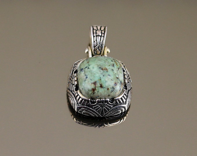 Vintage Square Natural Light Green Dalmatian Jasper Scroll Beads Beaded Design Pendant 925 Sterling PD 2771