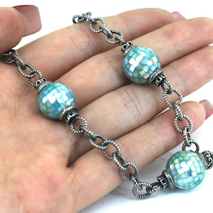 Vintage RE Aqua Blue Mother Of Pearl Beads Link Necklace 925 Sterling Silver NC 1717