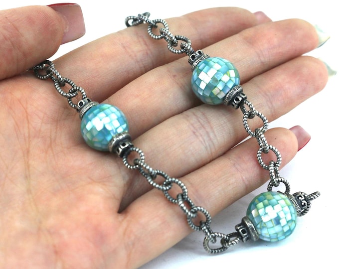 Vintage RE Aqua Blue Mother Of Pearl Beads Link Necklace 925 Sterling Silver NC 1717