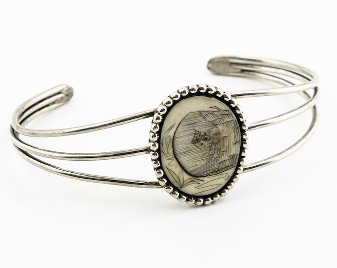 Vintage Oval Marble Stone Design Tiny Raccoon In Tree Hollow Painted Elegant Southwestern Cuff Bracelet 925 Silver BR 3253Q