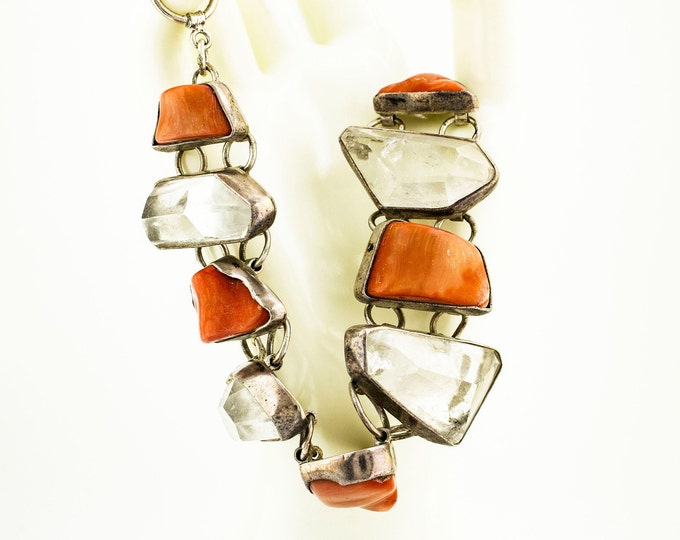 Massive Natural Quartz & Coral Raw Stones Gorgeous Design Wide and Heavy Vintage Elegant Bracelet for Women 925 Sterling Silver Br 387Q