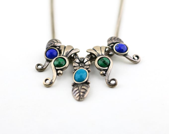 Vintage Carolyn Pollack Navajo Southwestern Turquoise Malachite Lapis Lazuli Stones Pendant Design Necklace 925 Sterling Silver NC 400U