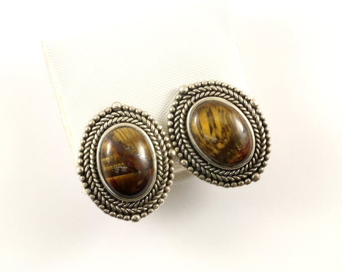 Vintage Beautiful Oval Tiger's Eye Stones Design Stud Earrings 925 Sterling ER 488